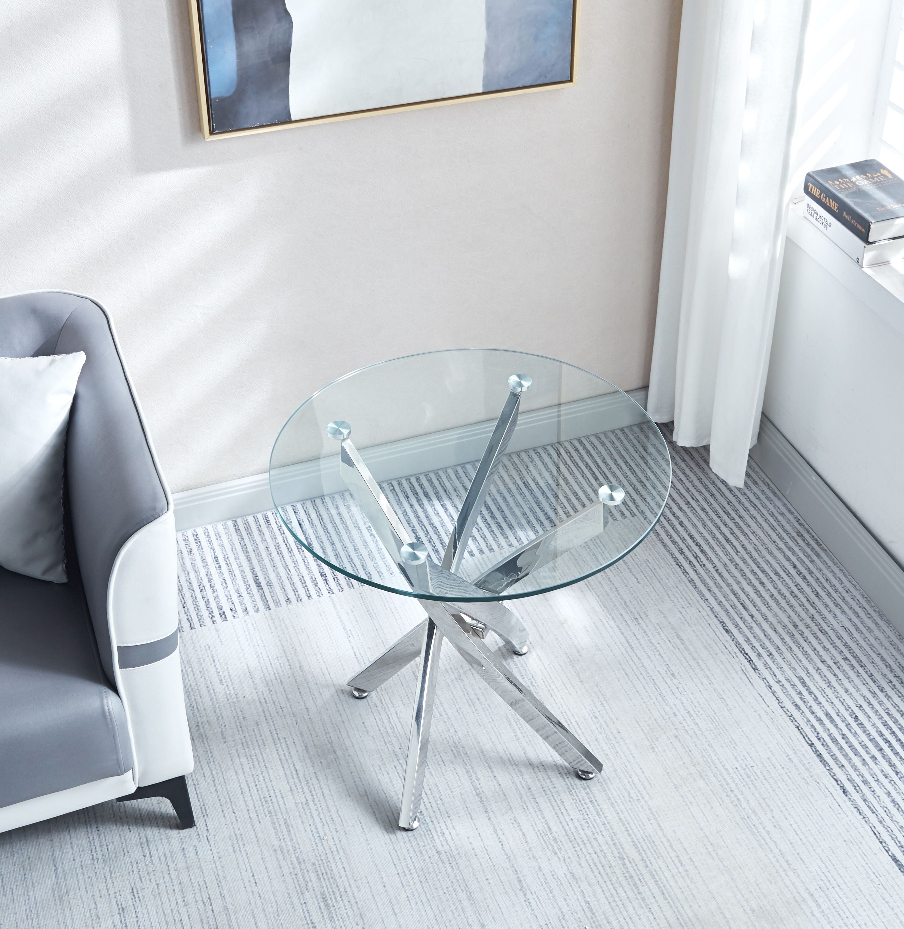 Modern Round Tempered Glass End Table With Chrome Legs - Silver