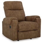 Brown fabric rocker recliner with headrest, padded arms, and oval button on side