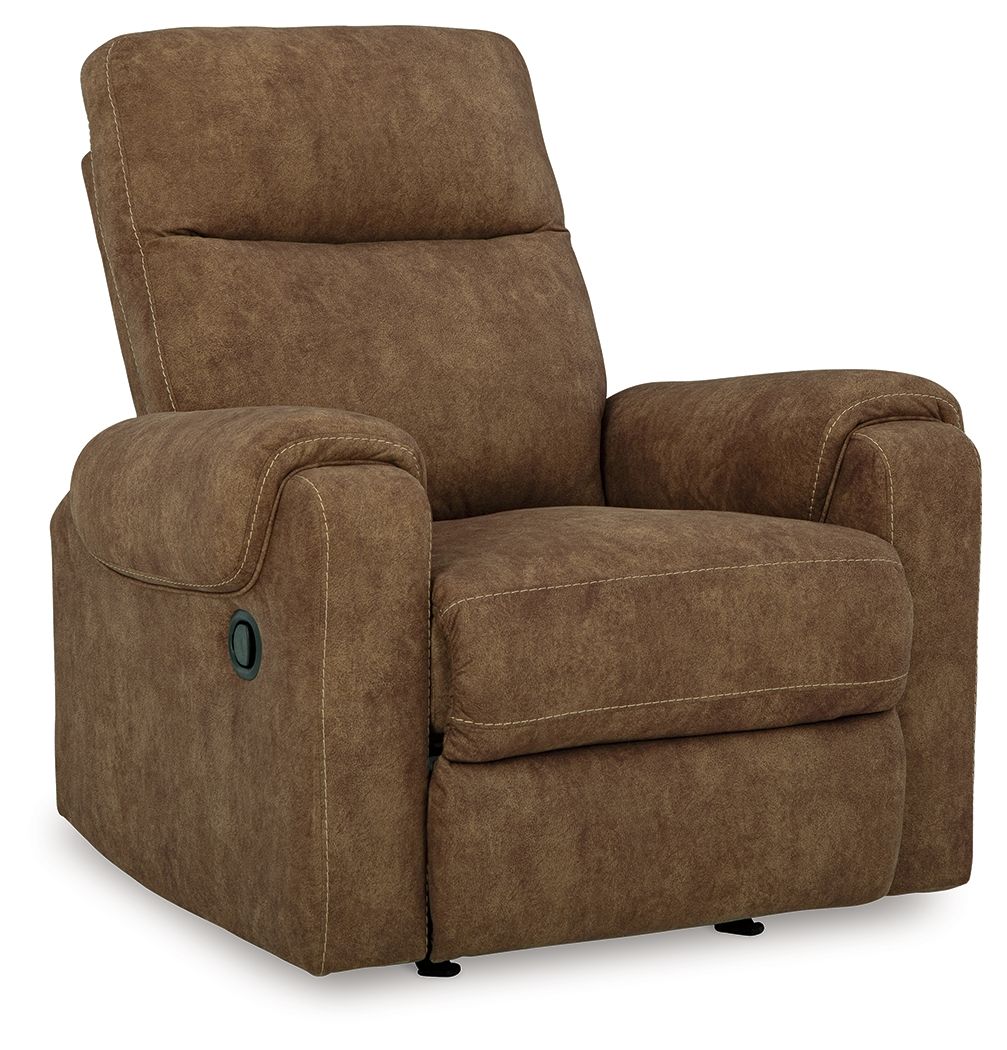 Brown fabric rocker recliner with headrest, padded arms, and oval button on side