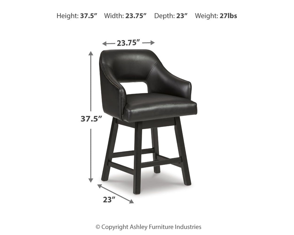 Black upholstered swivel barstool with armrests and curved back, dark legs
