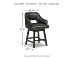 Black upholstered swivel barstool with armrests and curved back, dark legs