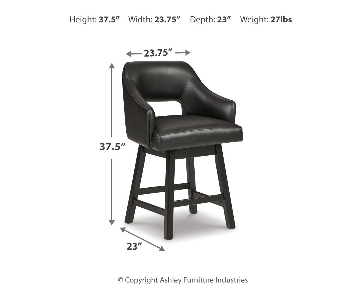 Black upholstered swivel barstool with armrests and curved back, dark legs