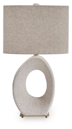 Paper table lamp with cream shade and speckled stone oval base with cutout