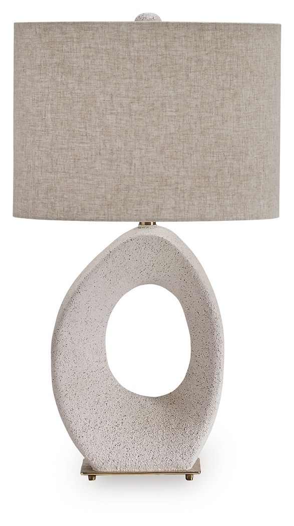Paper table lamp with cream shade and speckled stone oval base with cutout