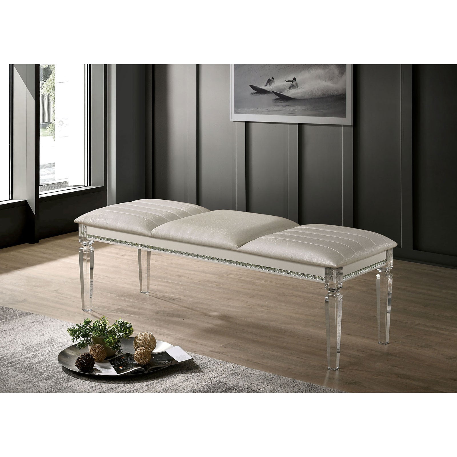 Pearl White Bench: Contemporary & Antique | Acrylic Legs Crystal