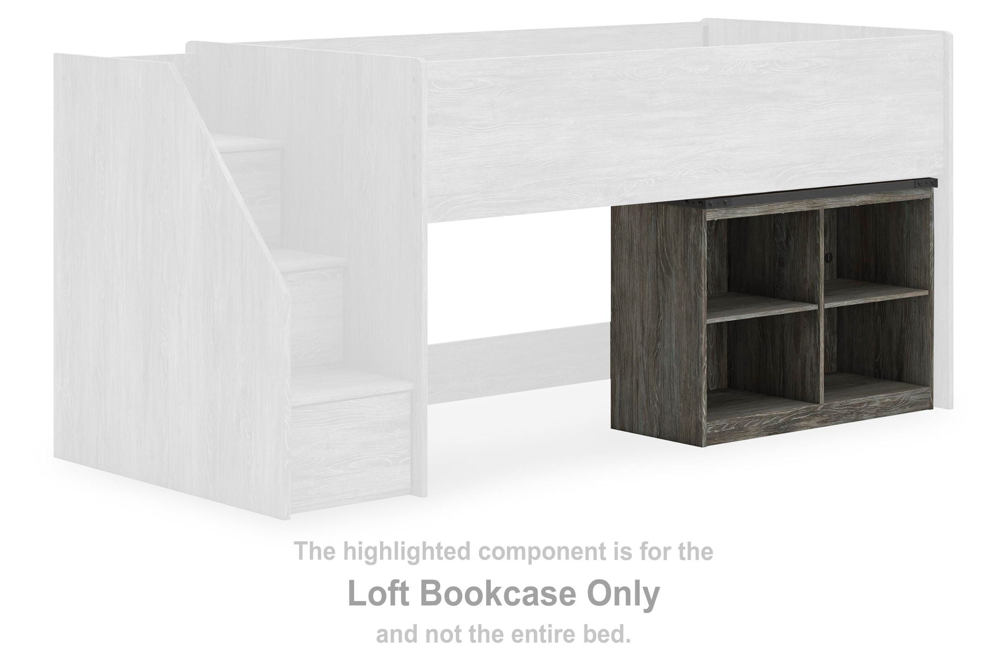 Gray loft bookcase with open cube shelves and two-by-two compartments