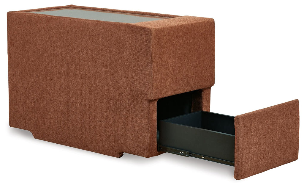 Spice brown fabric console with storage, side compartment open