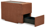 Spice brown fabric console with storage, side compartment open