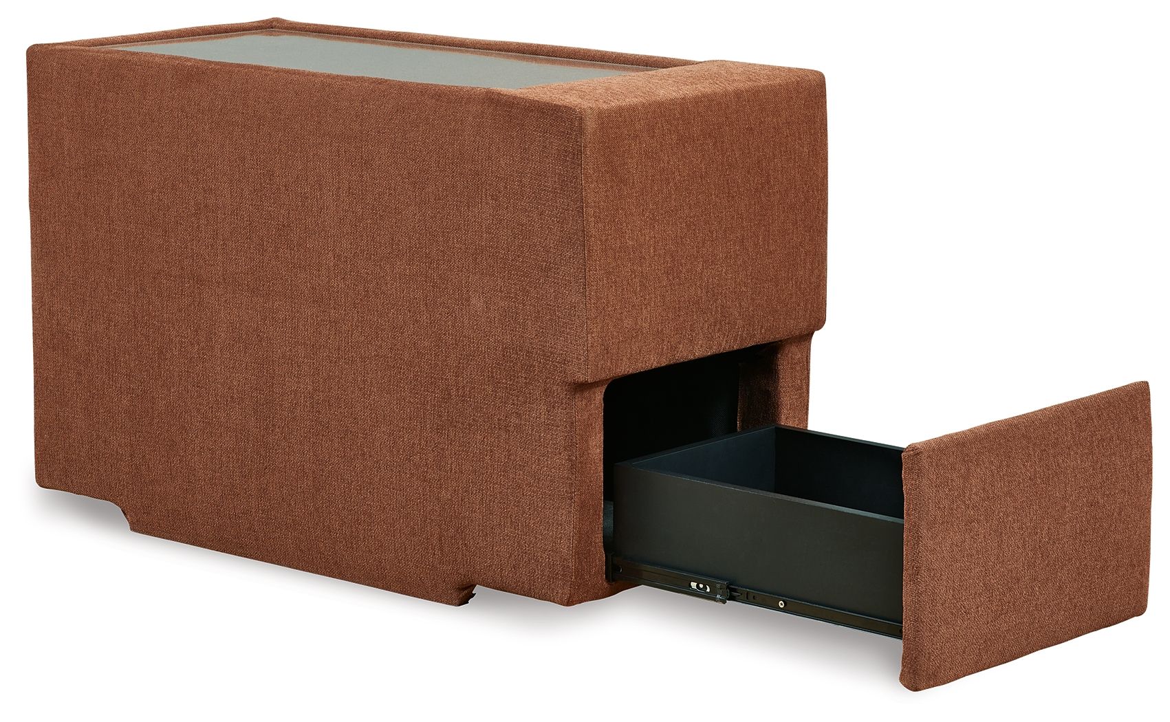 Spice brown fabric console with storage, side compartment open