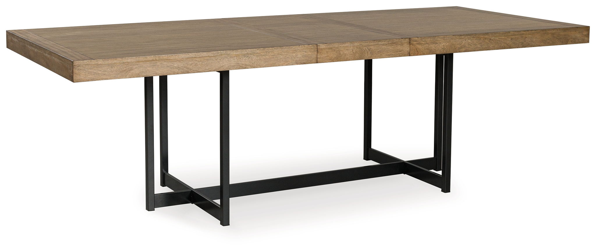 Light brown dining table with black metal frame, corner view, rectangular top.