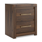 Brown two-drawer nightstand with bar pulls and rectangular drawer fronts