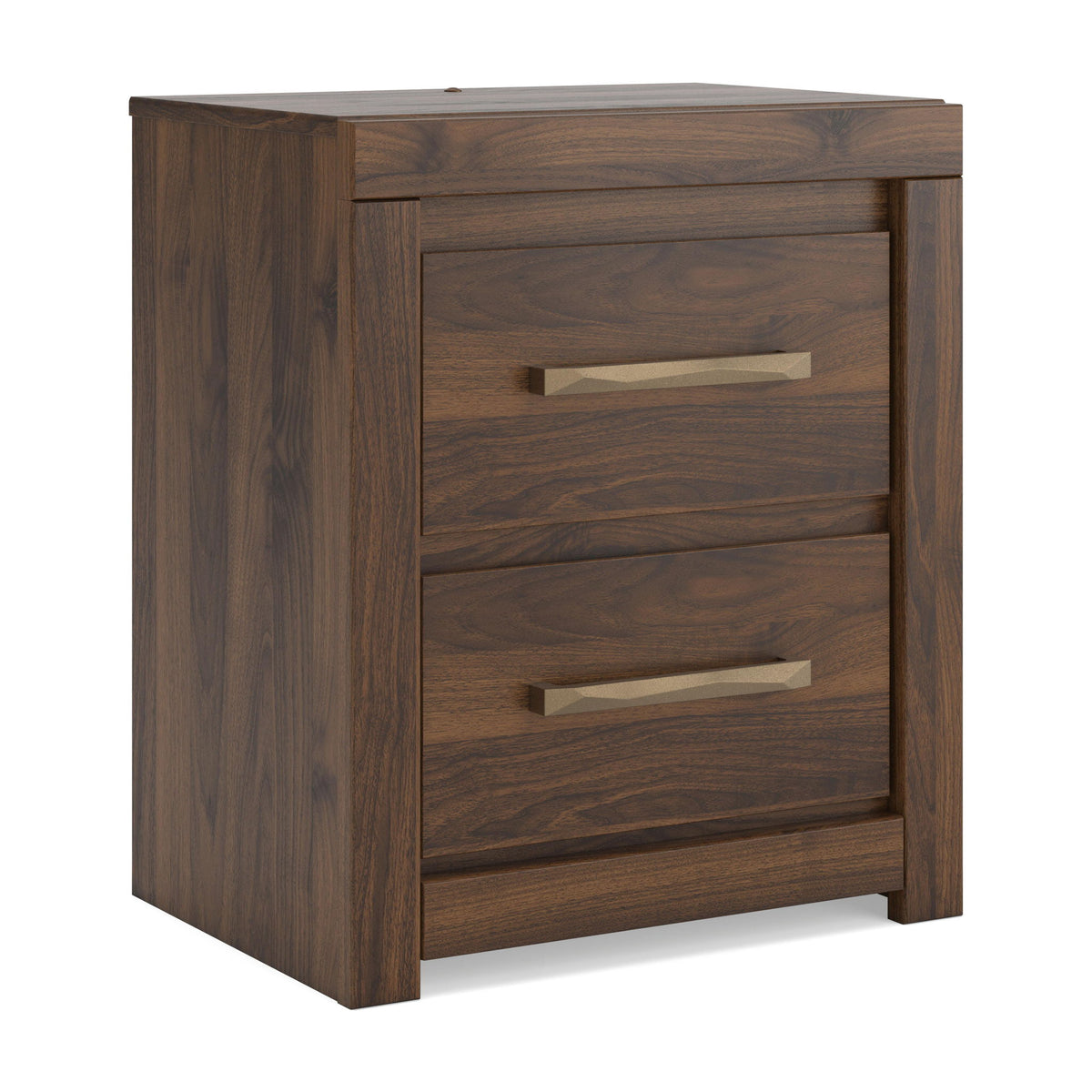 Brown two-drawer nightstand with bar pulls and rectangular drawer fronts