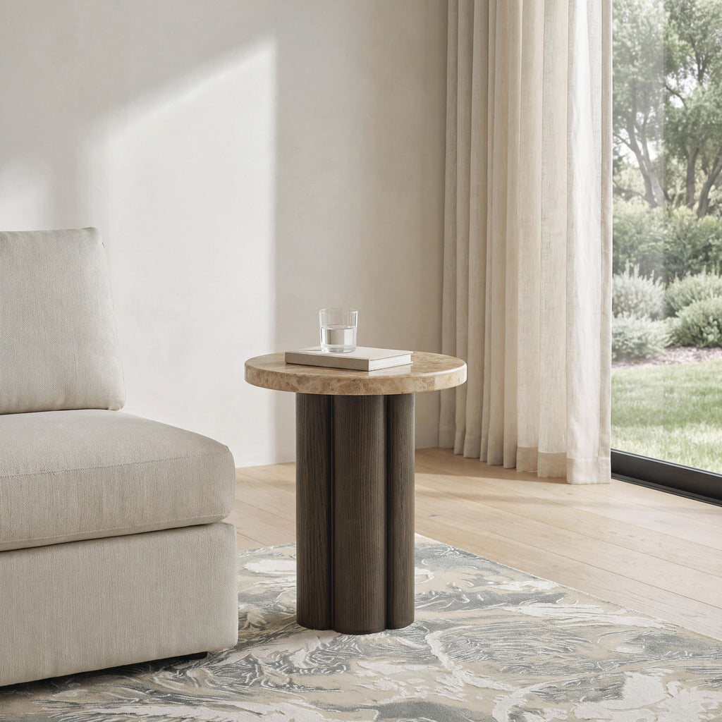 Round side end table with stone-look top and dark fluted pedestal base