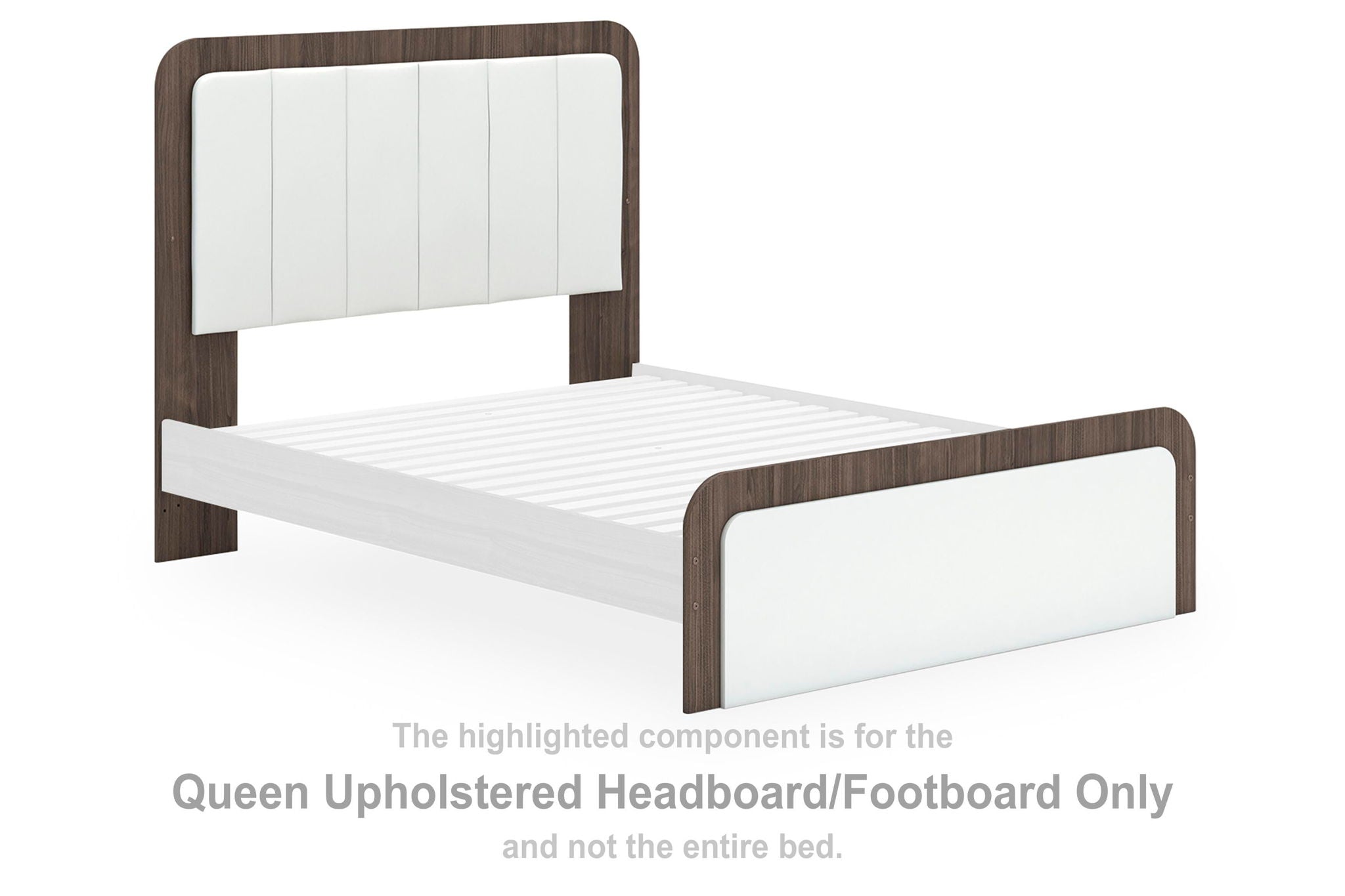 Queen upholstered headboard and footboard set with white paneling and brown wood frame