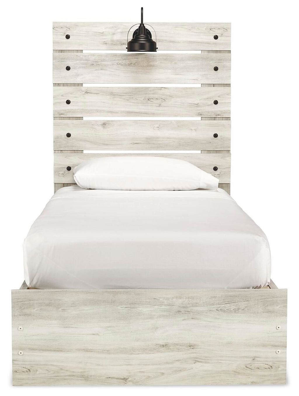 Light beige panel bed with tall slat headboard and white bedding