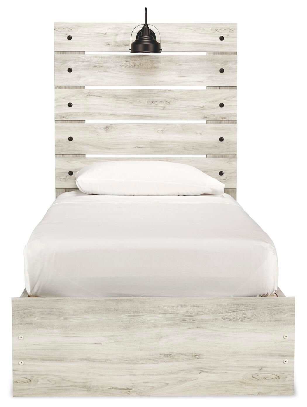 Light beige panel bed with tall slat headboard and white bedding