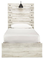 Light beige panel bed with tall slat headboard and white bedding