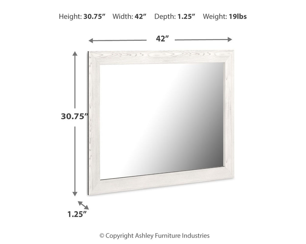 Rectangular bedroom mirror in white woodgrain frame with shown measurements