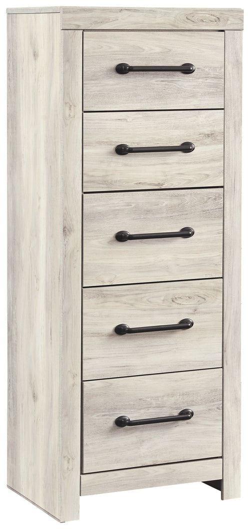 Front view of whitewash chest of drawers with five drawers and black bar pulls