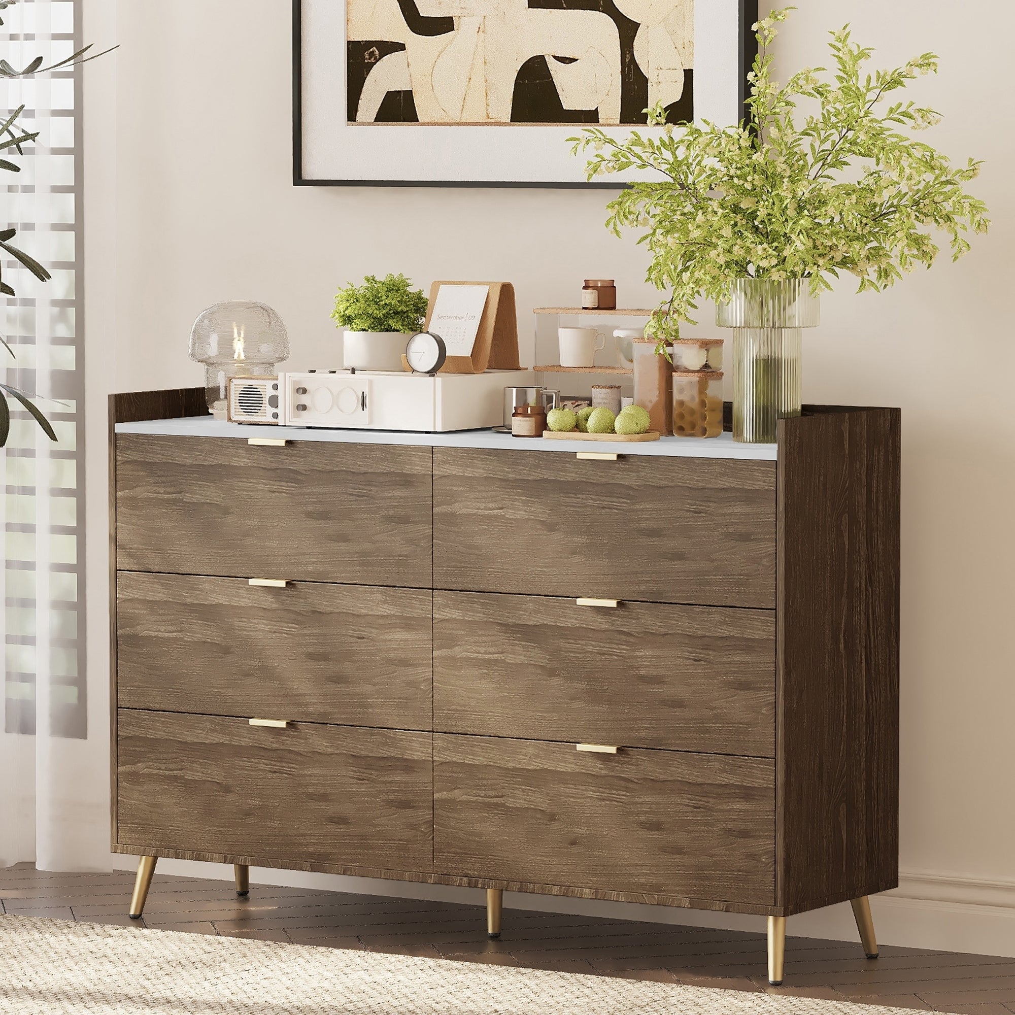 55" 6-Drawer Dresser Marbling Top Walnut