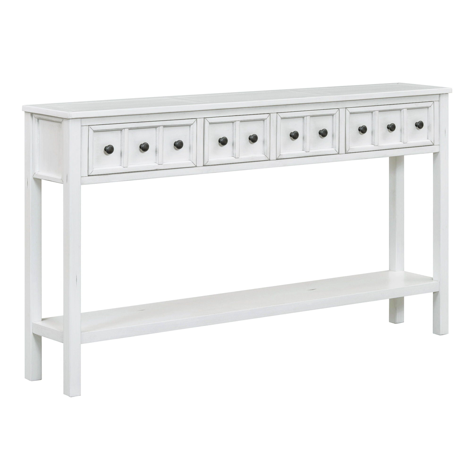 Trexm Rustic Entryway Console Table, Long Sofa Table With Two Different Size Drawers And Bottom Shelf For Storage (Antique White)