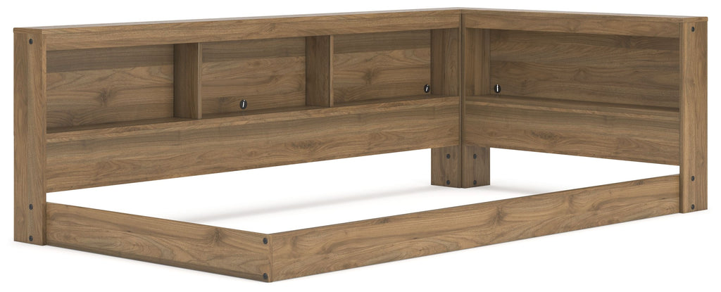 Light brown storage bed with open shelves along headboard and footboard, white mattress