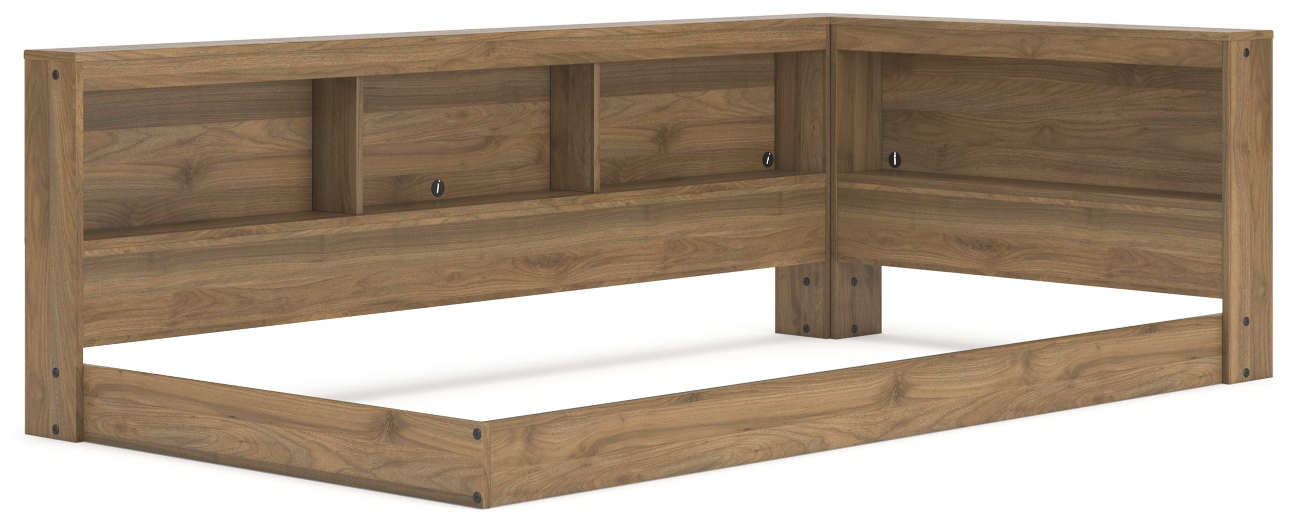 Light brown storage bed with open shelves along headboard and footboard, white mattress
