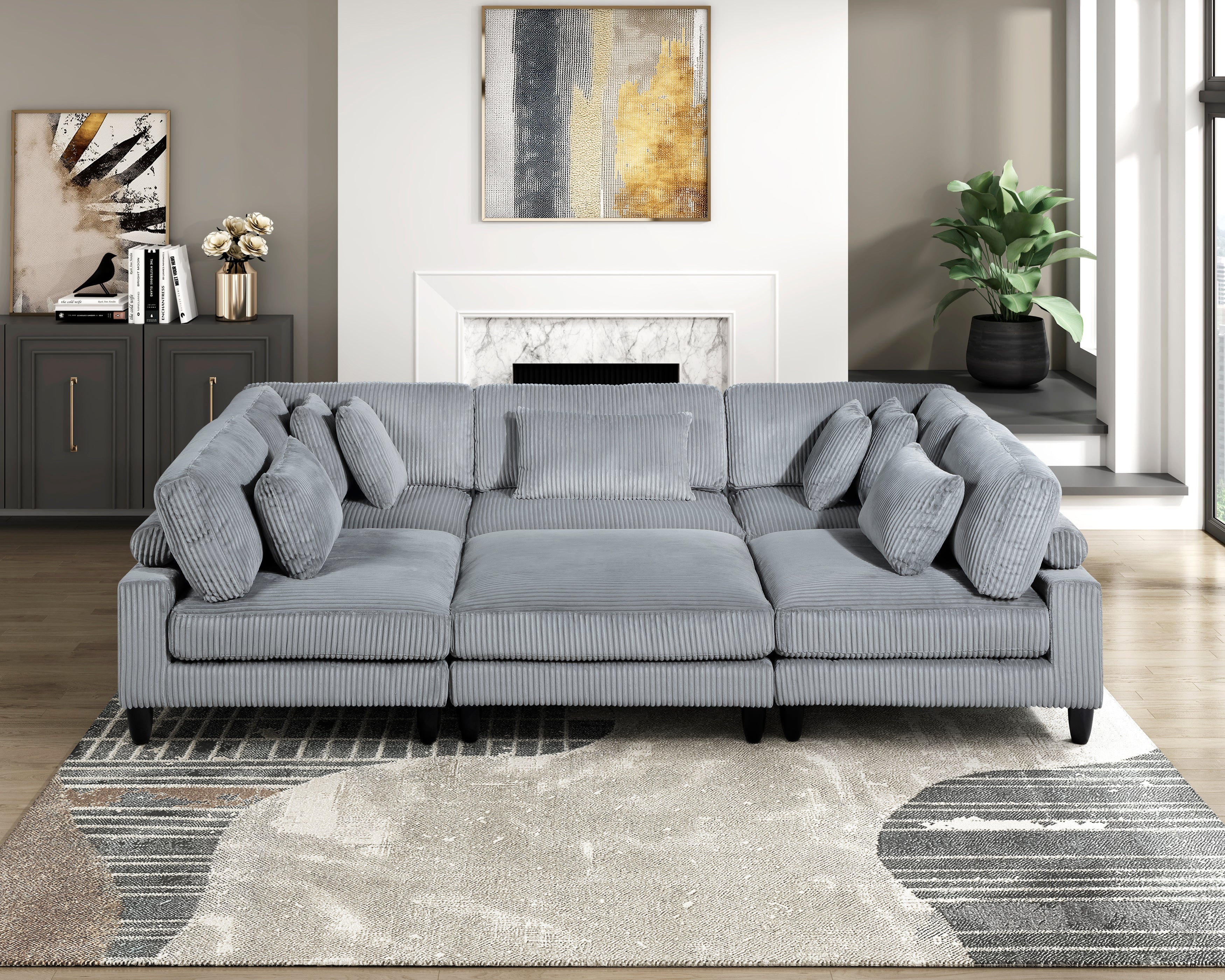 6pc Gray Corduroy Modular Sectional Sofa Living Room Set
