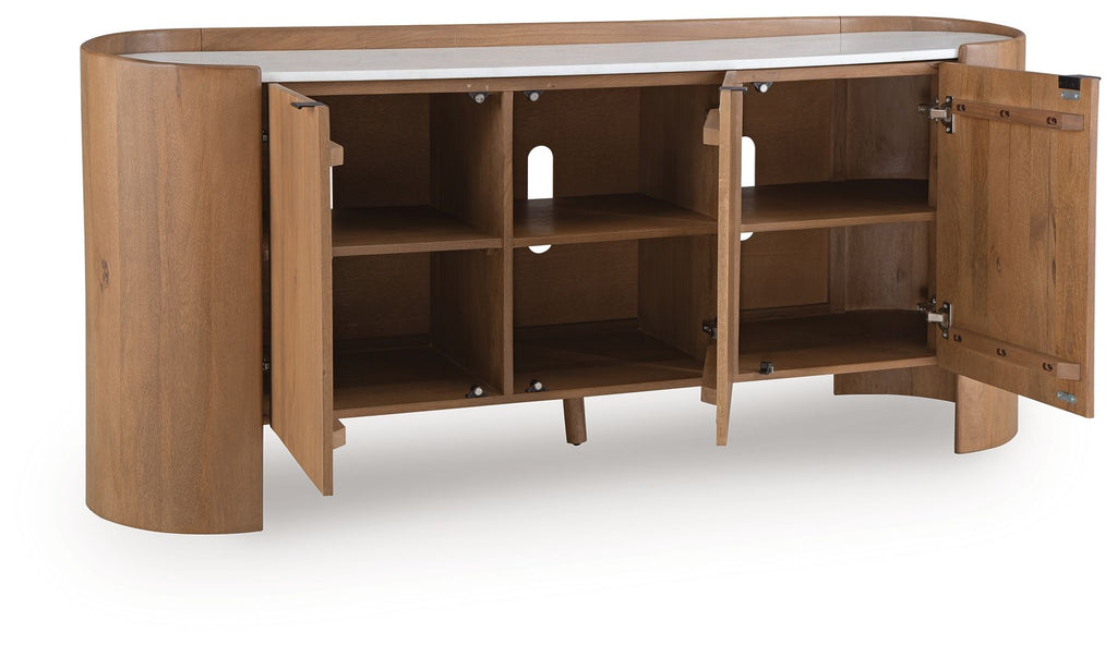 Brown wood accent cabinet with open doors, two shelves and metal hinges