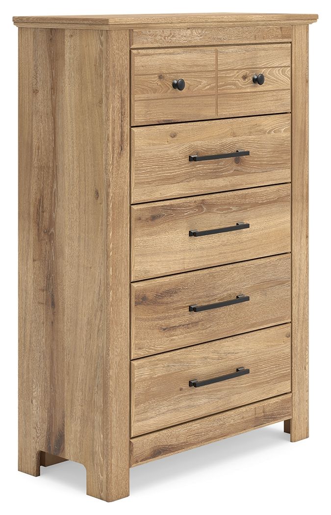 Light brown five-drawer chest with black bar handles and dark drawer pulls