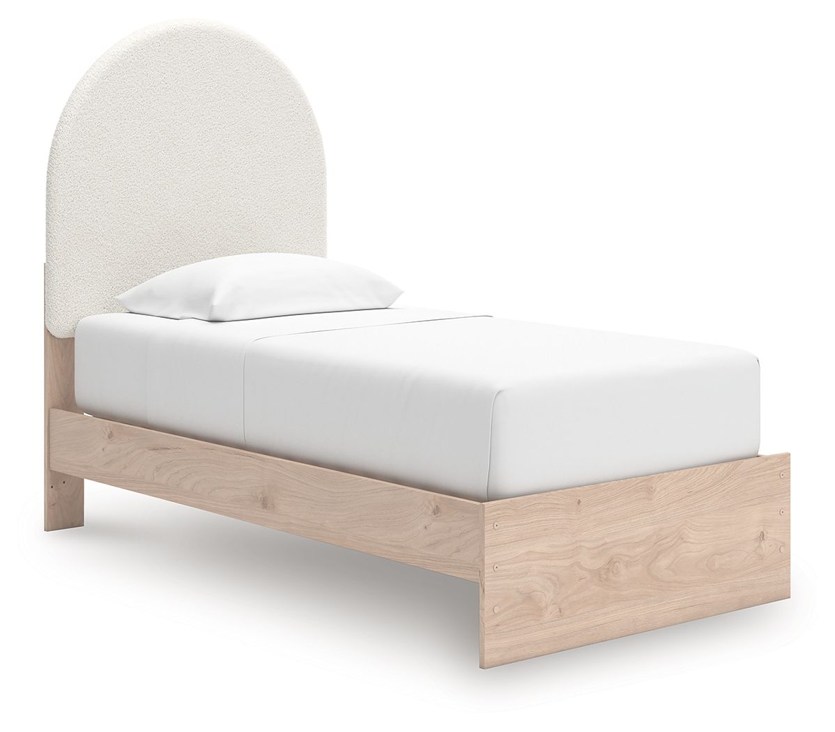 Upholstered panel bed with beige arched headboard, white mattress platform, no storage drawers