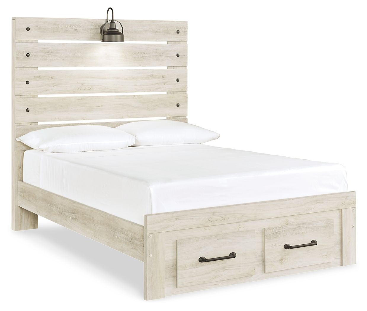 Panel bed with beige light-wood frame and two front drawers, white mattress and pillows.