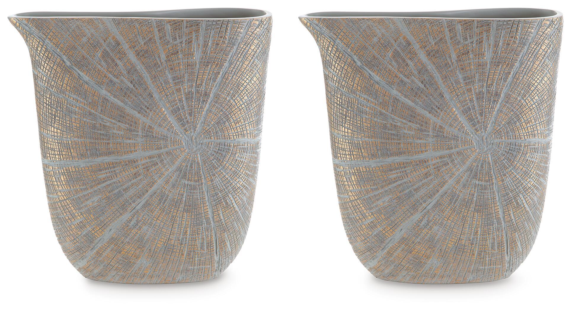 Two dark gray ceramic vases with woven-look fan pattern and rounded top rim.