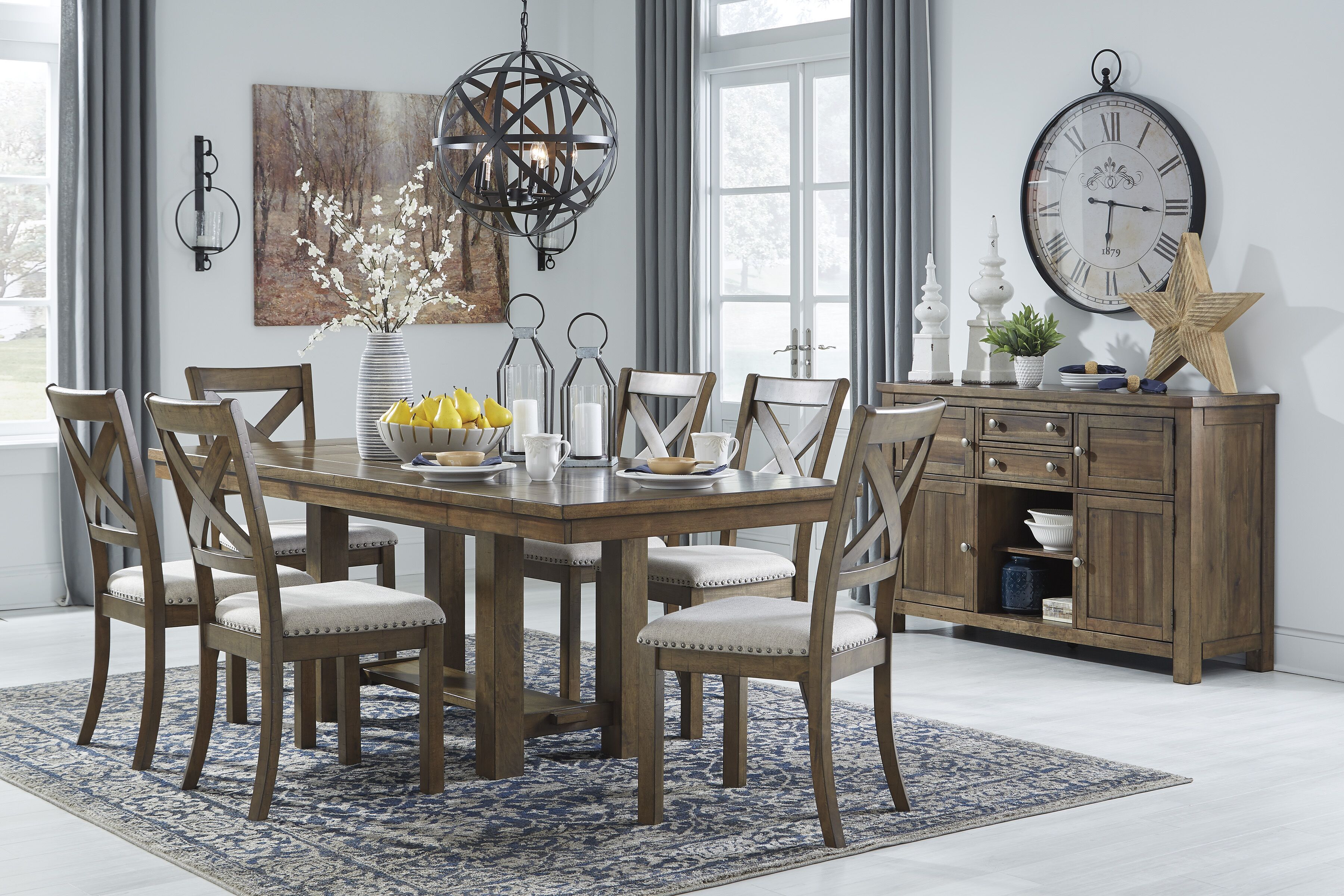 Rectangular dining table set with 6 chairs, dark wood table and upholstered seating