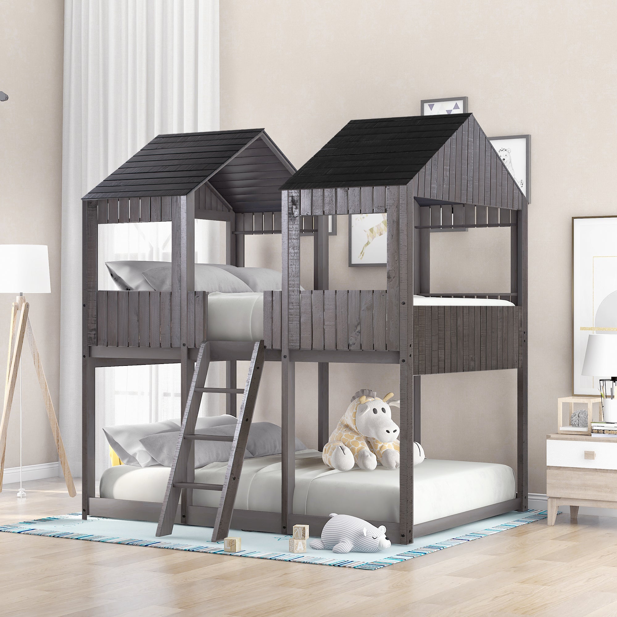Full Over Full Wood Bunk Bed with Roof, Window, Ladder - Antique Gray