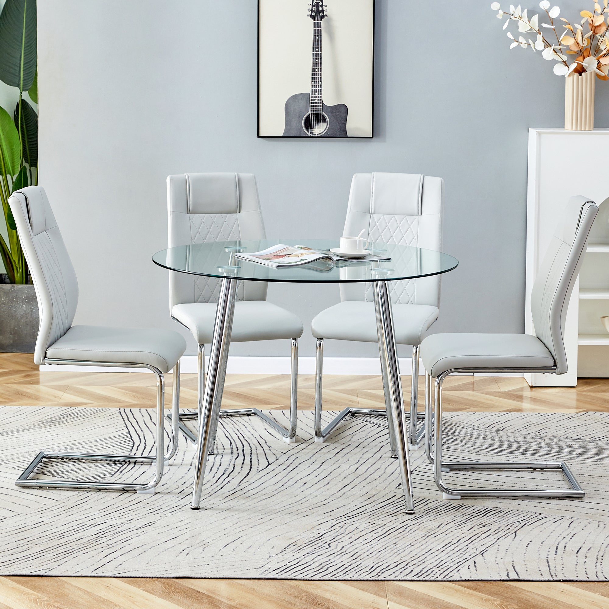 5-Piece Round Dining Table Set w/ Light Gray Chairs