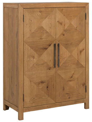 Light brown wooden bar cabinet with two paneled doors and vertical metal handles