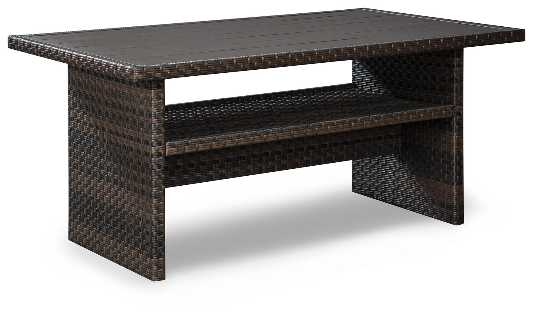 Dark brown woven multi-use table with middle shelf and rectangular top