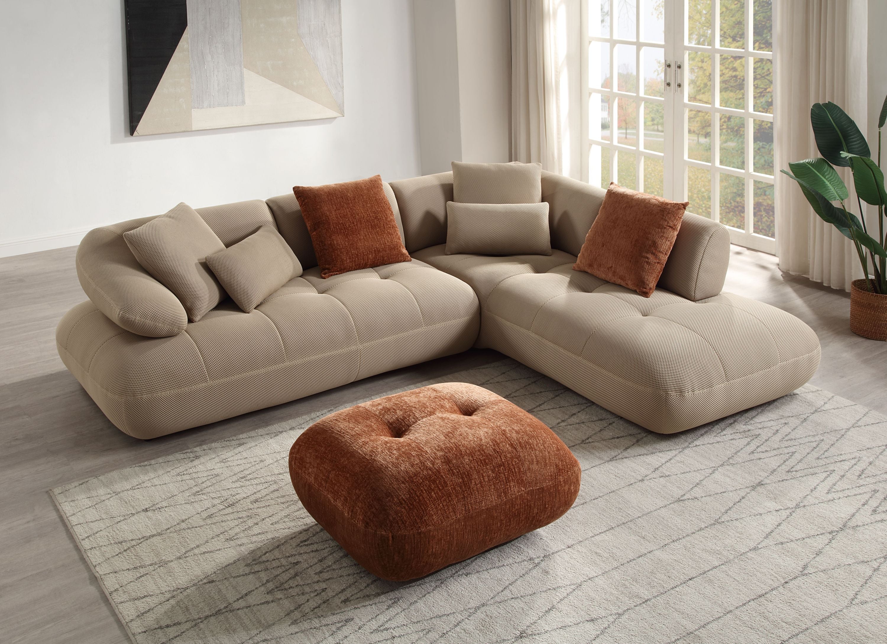 Carrick Beige Mesh Sectional Sofa with Ottoman