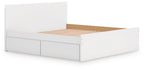 White panel platform bed with two front storage drawers and slat base