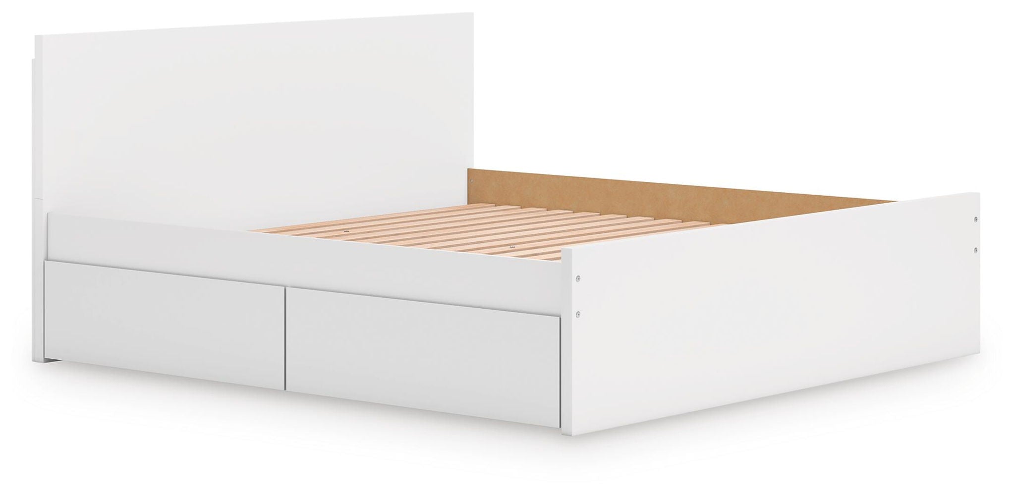 White panel platform bed with two front storage drawers and slat base