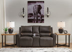 Dark brown power reclining loveseat with console and plush divided seat cushions