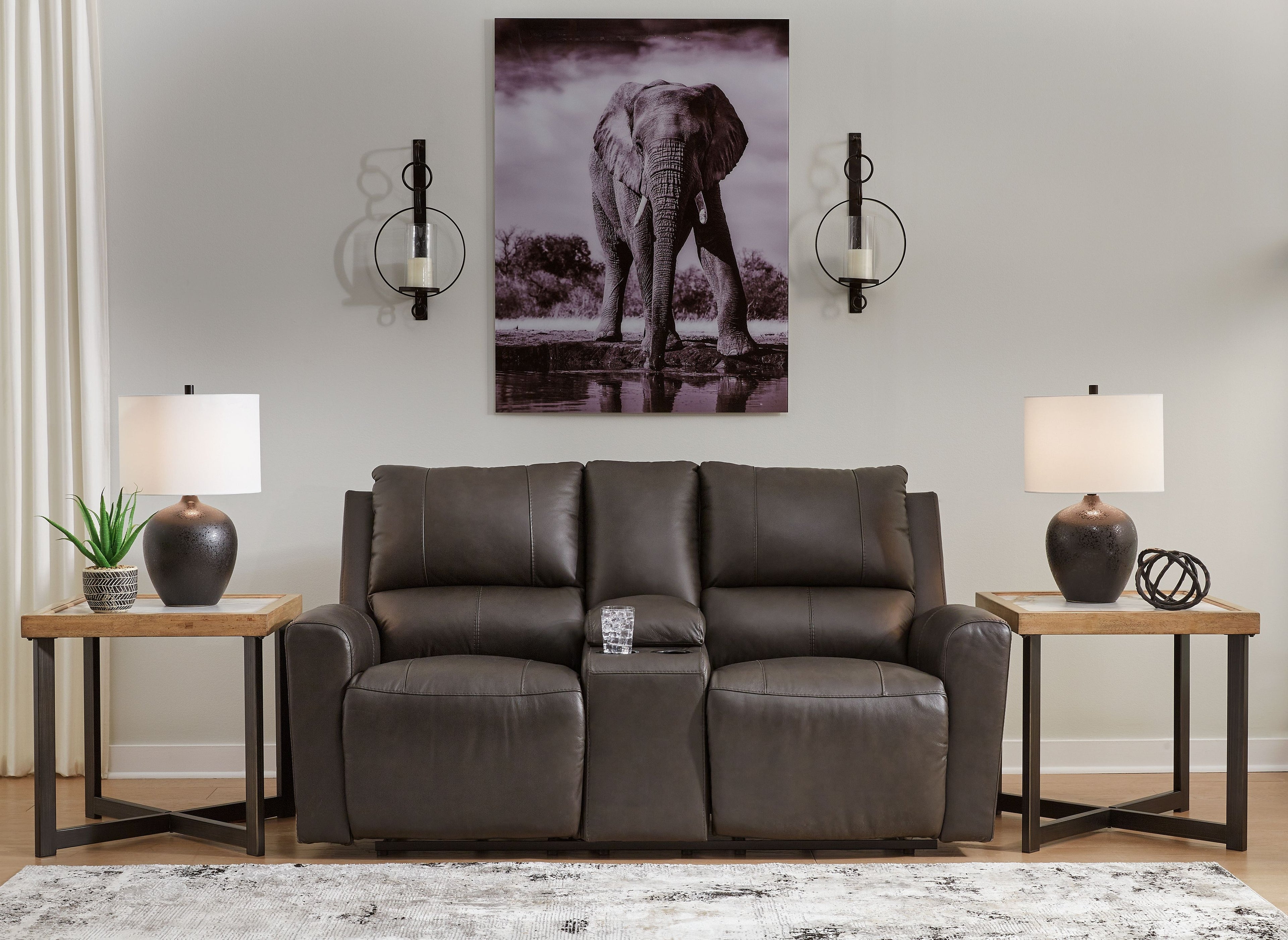 Dark brown power reclining loveseat with console and plush divided seat cushions