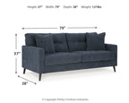 Navy blue sofa with size dimensions: 79" wide, 37" high
