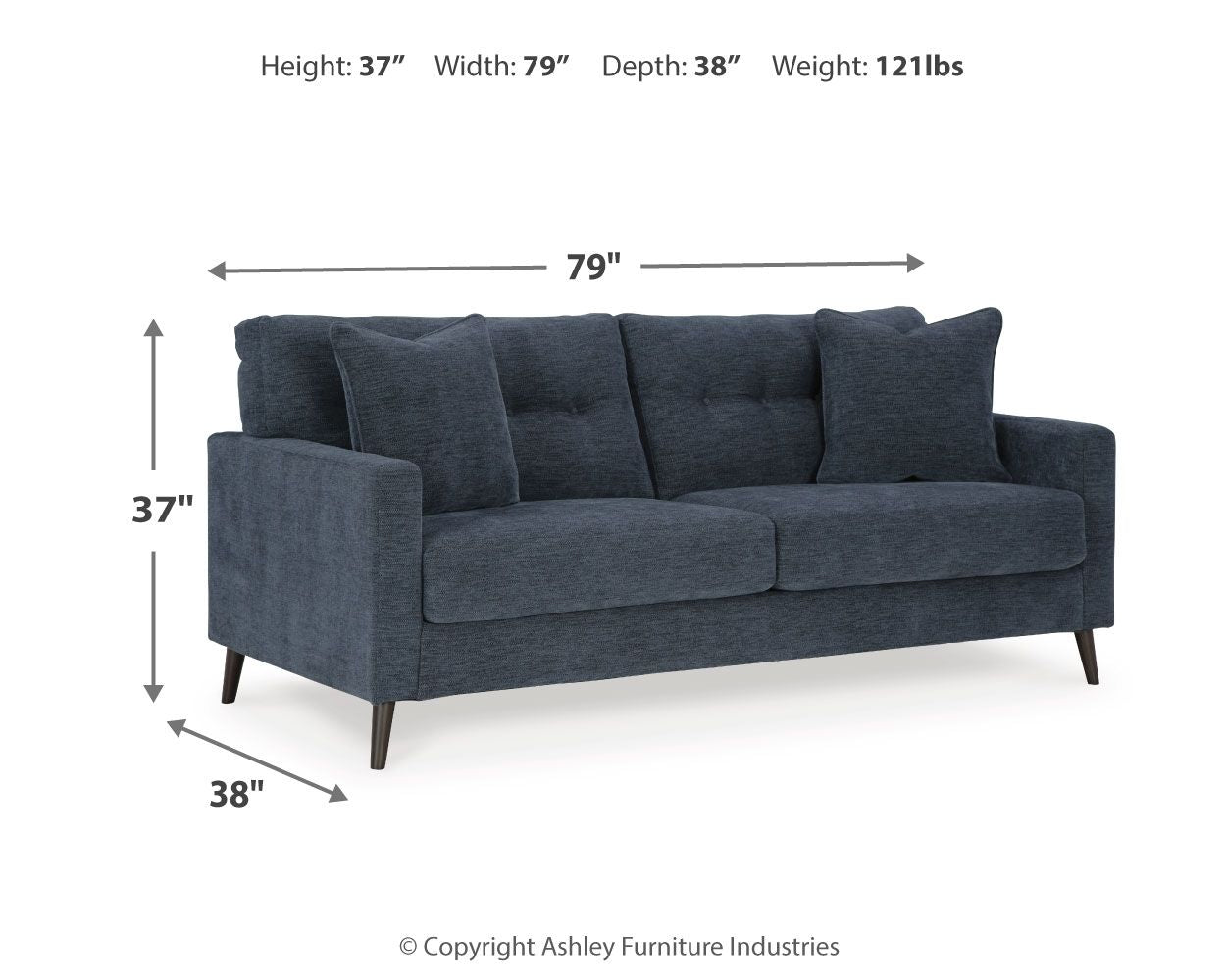 Navy blue sofa with size dimensions: 79" wide, 37" high