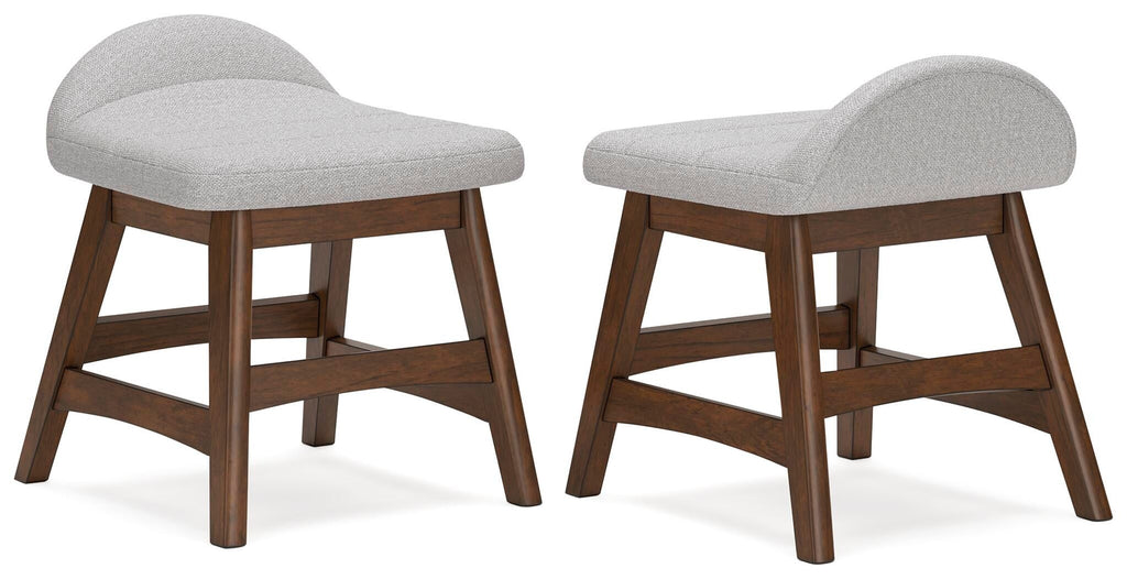 Light gray upholstered home office chair with brown wooden legs and curved arms