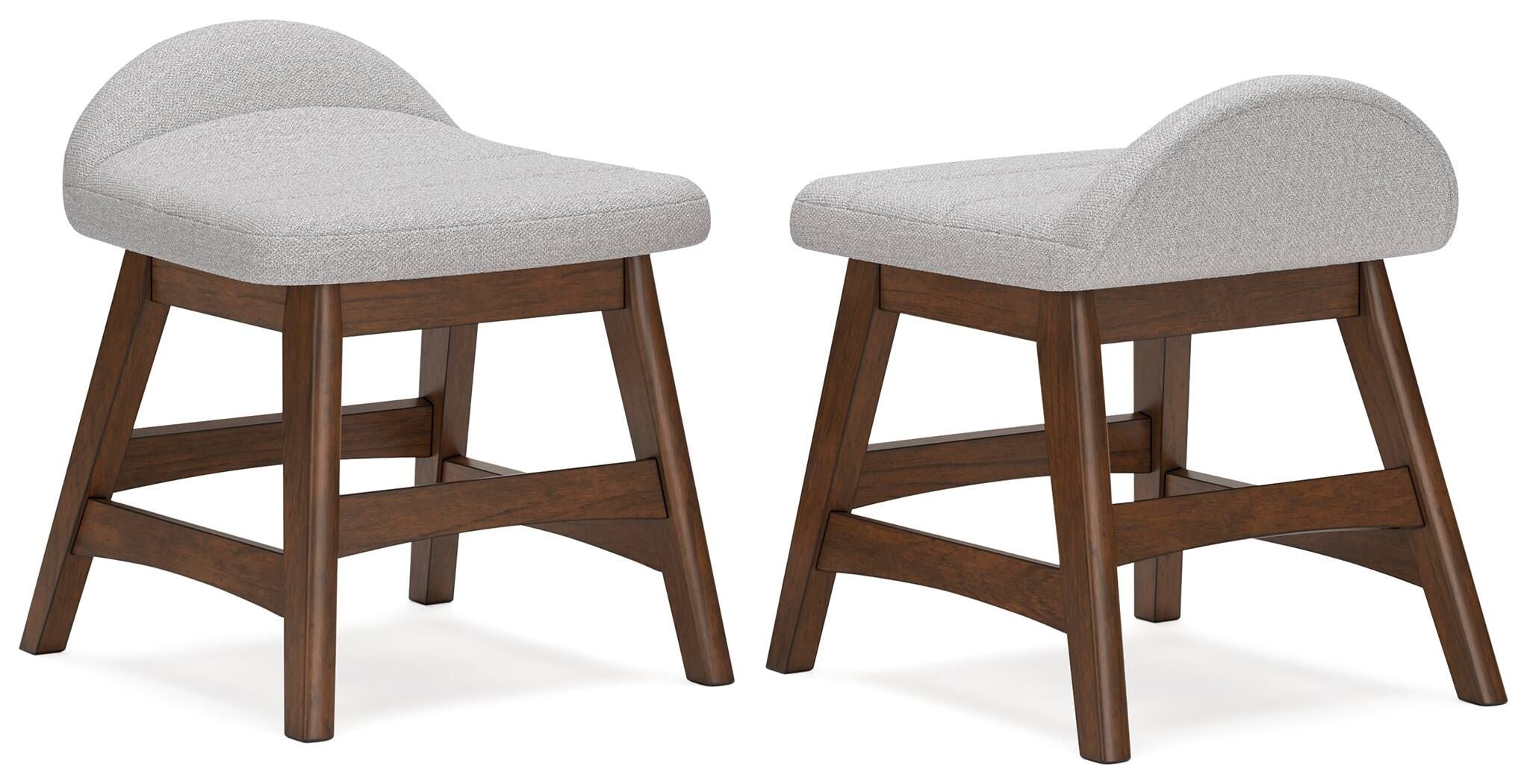 Light gray upholstered home office chair with brown wooden legs and curved arms