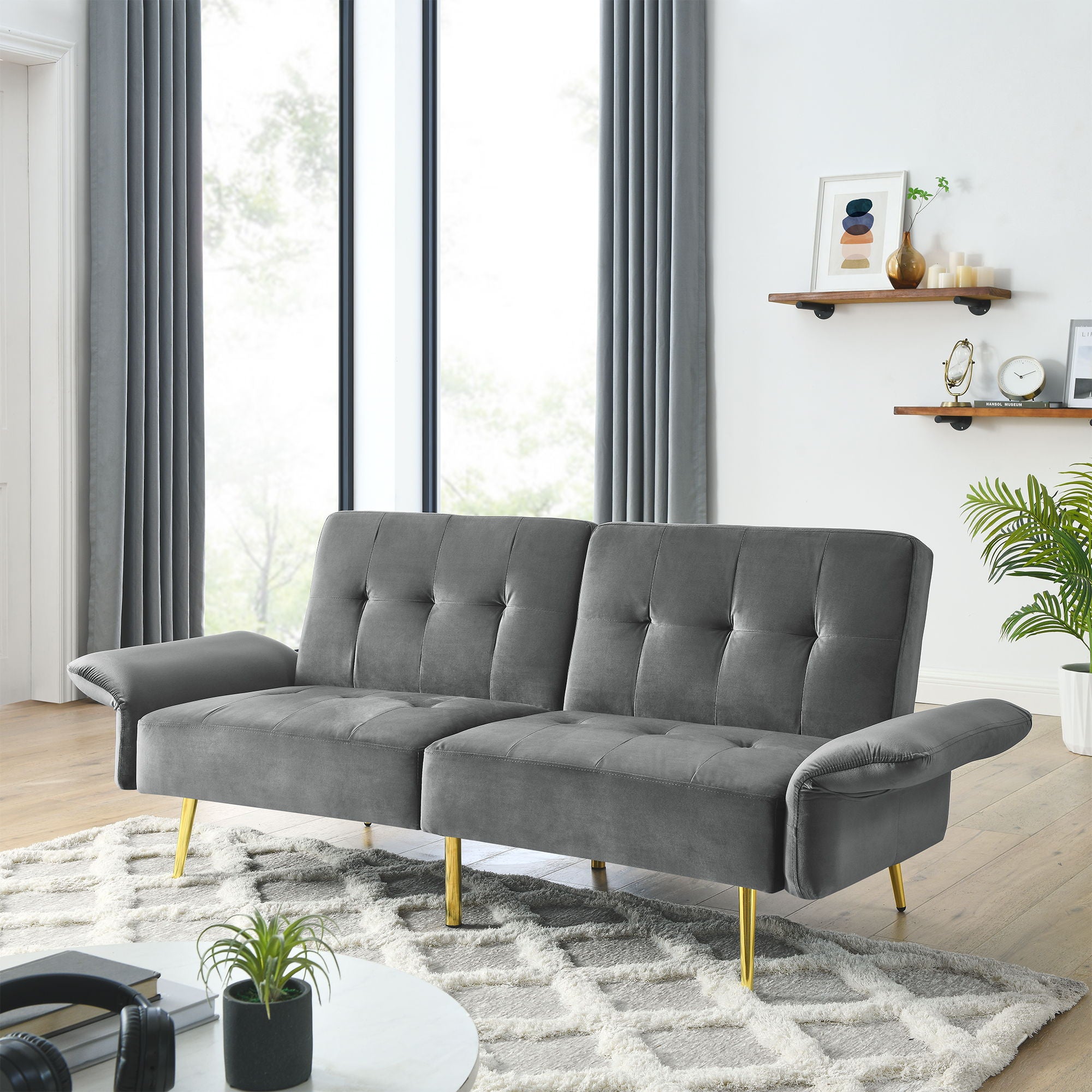 Italian Futon Sofa Bed, Convertible Sleeper Loveseat Couch With Folded Armrests And Storage Bags For Living Room And Small Space, Grey