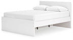 White panel platform bed with open storage area underneath and padded headboard