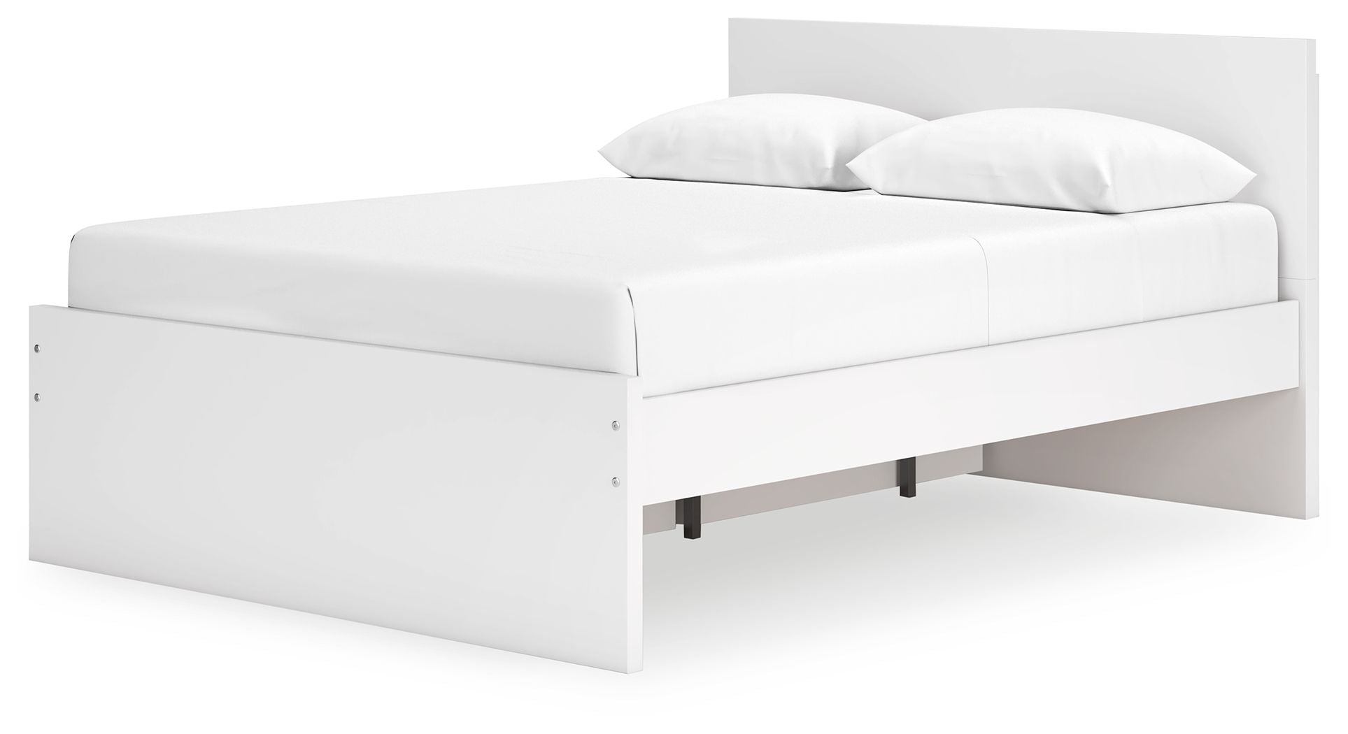 White panel platform bed with open storage area underneath and padded headboard